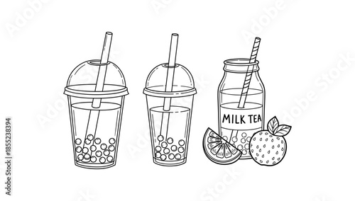 Bubble tea line art with fruits and milk tea in transparent cups