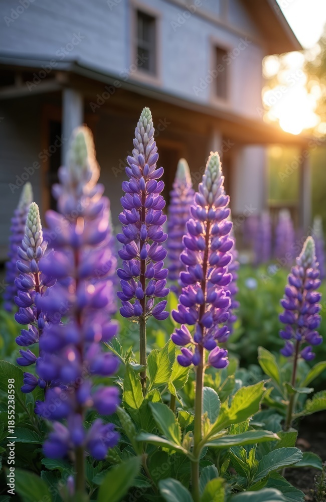 Naklejka premium Purple lupin flowers bloom near a rustic wooden house. Green foliage and gentle sunlight create a peaceful garden scene. This flora evokes summer tranquility.