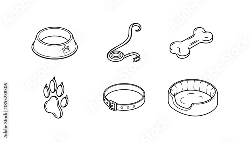 Set of pet accessories in linear style: bowls, leash, bone, paw print, collar, bed