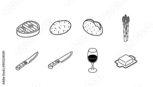 Outline food icons: steak, vegetables, knife, wine, butter