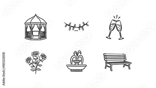 Elegant black and white garden elements: gazebo, roses, bench, and more