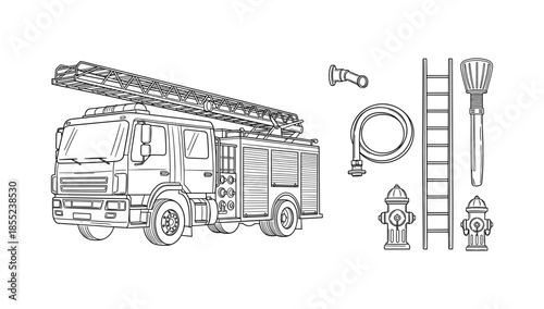 Fire truck line art with equipment: ladder, hose, hydrant, extinguisher