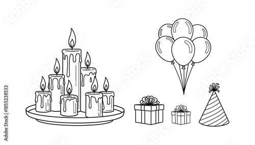 Birthday celebration outline: candles, balloons, gifts, and party hat