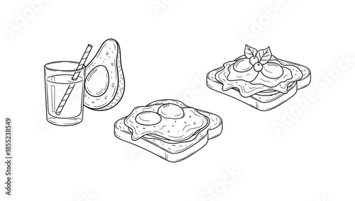 Outline drawing of breakfast toasts and fresh juice with avocado