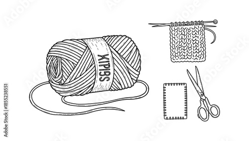 Handcrafted knitting essentials in detailed black and white sketch style