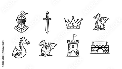 Medieval icons: knight helmet, sword, crown, dragons, castle towers in linear design