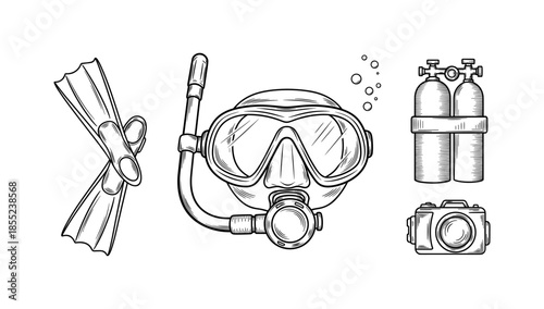 Monochrome scuba diving gear: snorkel, fins, tanks, and camera