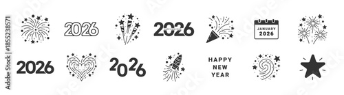  New Year Icon set. Modern New Year 2026 photo zone. festive design elements , vector illustration . 