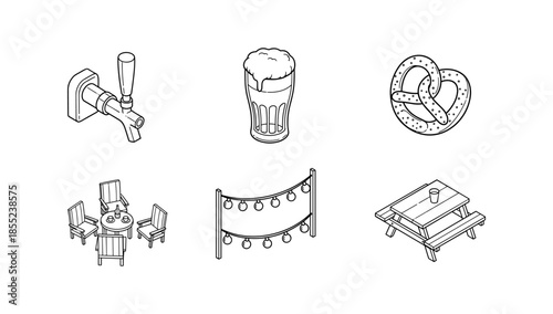 Beer and outdoor leisure icons in simple isometric style