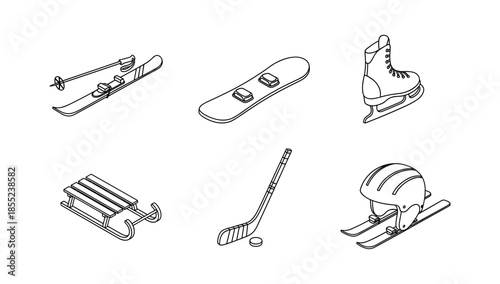 Winter sports equipment icons in monochrome linear style for cold weather adventures