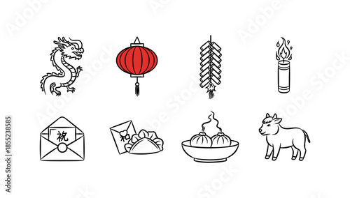 Traditional chinese new year icons: dragon, lantern, firecrackers, dumplings, and ox