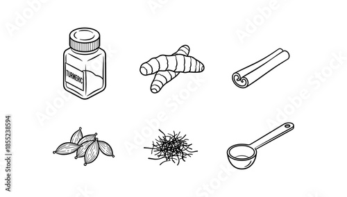 Line art of culinary spices: turmeric, cinnamon, cardamom, saffron, measure spoon