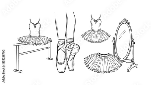 Ballet elements: tutu, pointe shoes, mirror, and barre line art