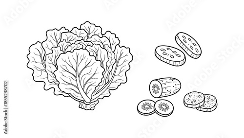 Detailed black and white cabbage and cucumber slice artwork