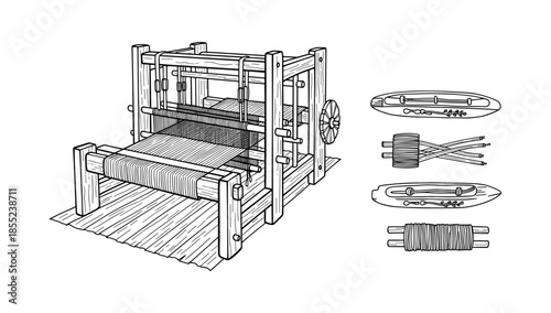 Handloom weaving machine and tools: detailed black and white line art