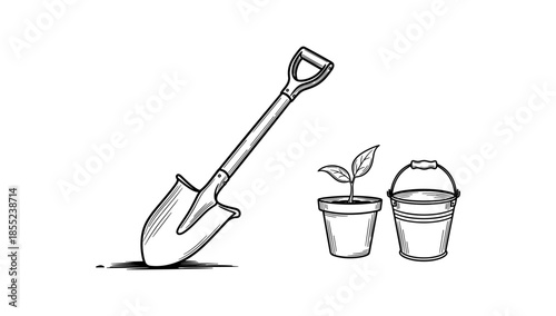 Gardening tools and seedling in pot illustration in hand-drawn style