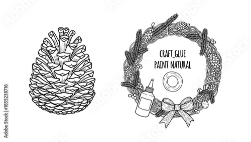 Pine cone and holiday wreath with craft supplies in detailed line art