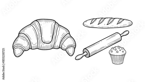 Hand drawn bakery items: croissant, baguette, rolling pin, muffin