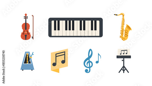 Colorful musical instrument icons set: piano, violin, saxophone, and more