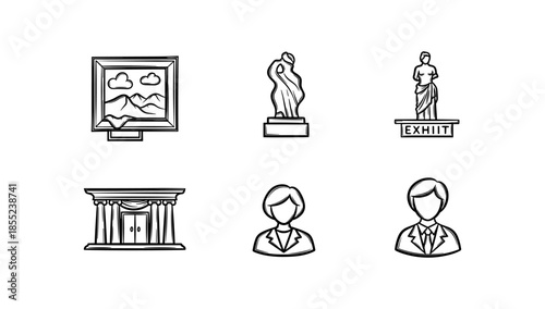 Museum icons collection: art, sculptures, and exhibits in simple outline style