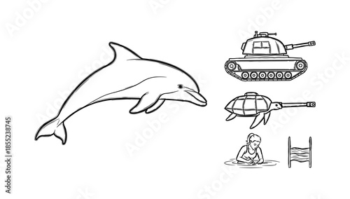 Whimsical animal illustrations: dolphin, tank, turtle, swimmer