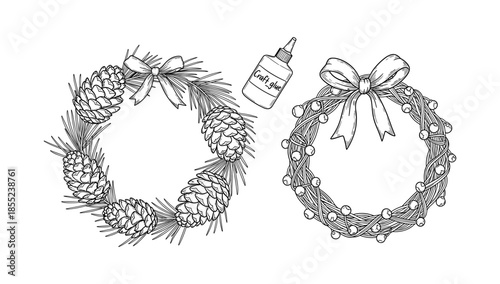 Handcrafted pinecone and berry wreaths with craft glue in black and white line art