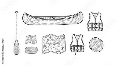 Canoeing gear essentials: paddle, canoe, life vest and map in linear art style
