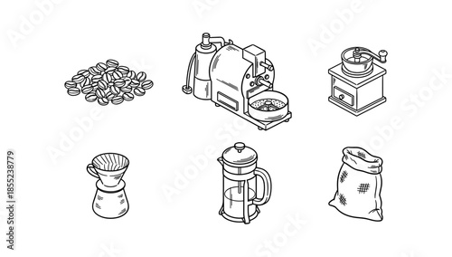 Hand drawn coffee equipment and beans set for cafes and baristas