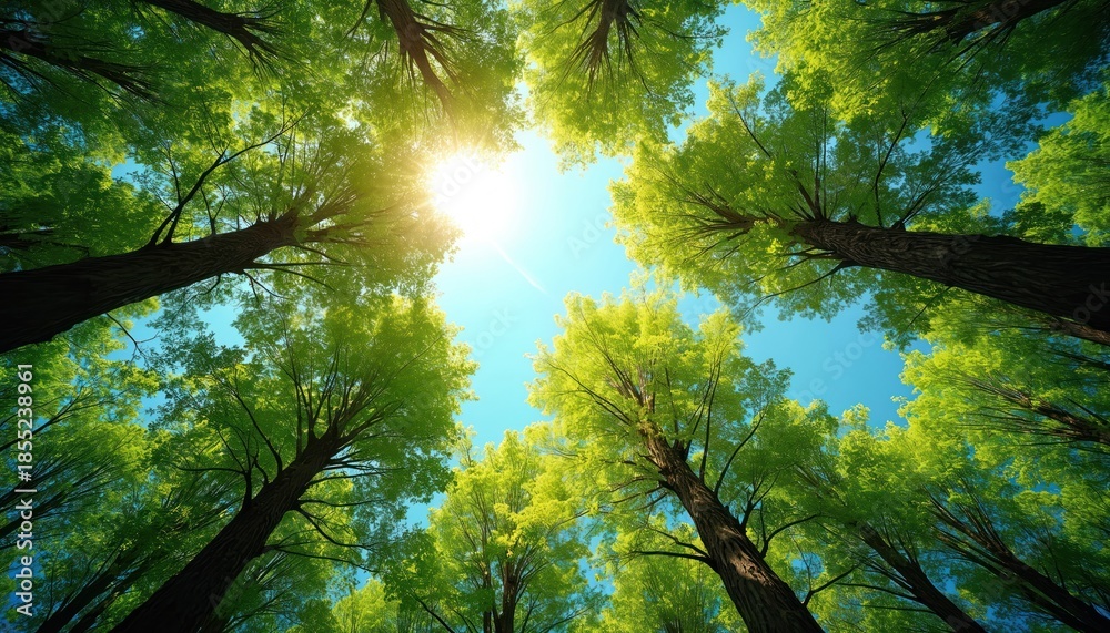Obraz premium Rich green tree crowns sway gently against a clear blue sky. Sun shines brightly through the leaves. Low angle view upwards into dense forest canopy.