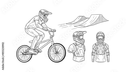 Bmx cyclist in motion with gear and helmet sketch near bike ramp
