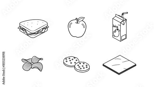 Linear breakfast icons set: sandwich, apple, juice, chips, cookies, napkin