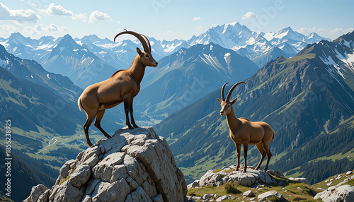 two alpine ibex mountain goats on a large rocky cliff in the high mountains