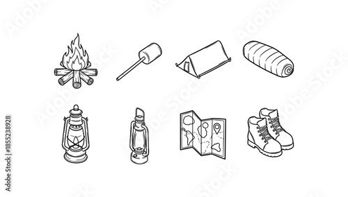Outline camping icons: campfire, marshmallow, tent, sleeping bag, lantern, map, boots