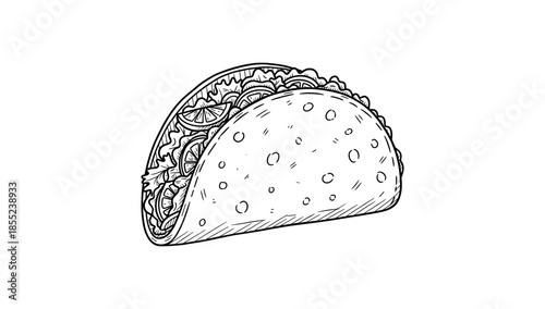 Hand drawn taco with lettuce and tomatoes in black and white line art style