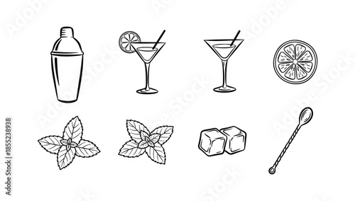 Linear cocktail elements: shaker, glasses, lemon, mint, ice cubes, and spoon