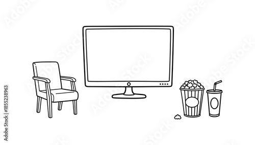 Minimalist home theater setup with chair, large screen, popcorn, and soda