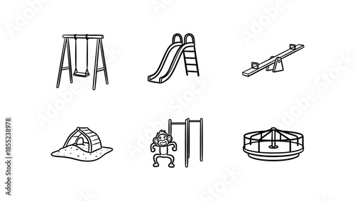 Playground equipment icons collection in black and white line art style