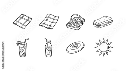Hand drawn picnic essentials featuring basket, drinks, and sun design elements