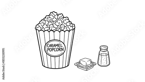 Black and white snack icons: caramel popcorn, butter, and salt