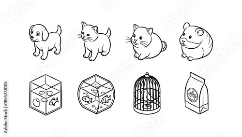 Black and white pet icons: puppy, kitten, hamster, fish tank, bird cage, pet food