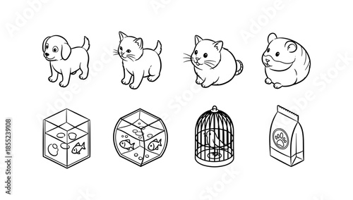 Cute pet icons: puppies, kittens, hamsters, fish tanks, bird cage, and pet food bag