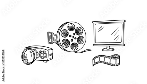Retro cinema elements: hand drawn projector, film reel, and movie screen