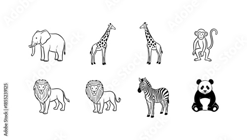 Black and white safari animals set featuring elephant, giraffe, monkey, lion, zebra, and panda