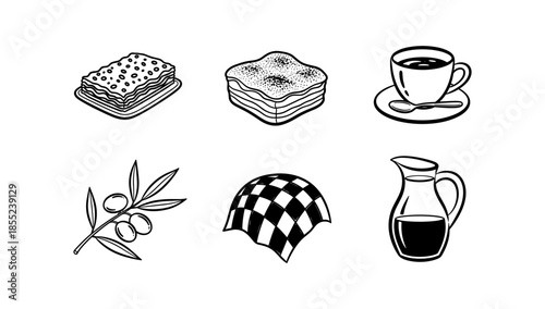 Hand drawn food and drink icons: bread, coffee, olive branch, napkin, jug