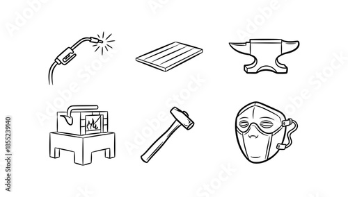Blacksmithing essentials: tools and equipment in linear art set