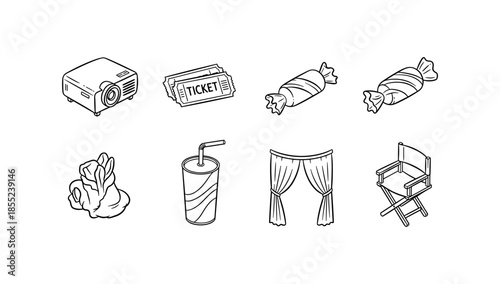 Cinema essentials: projector, popcorn, tickets, candy, curtains, director's chair in outline style