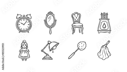 Vintage home essentials: retro clock, mirror, and more in linear style