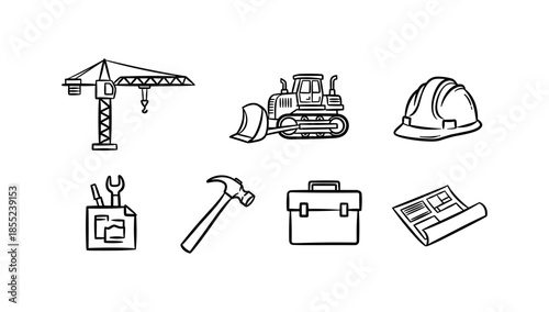 Construction equipment and tools set in line art style featuring crane, bulldozer, hard hat, and tools