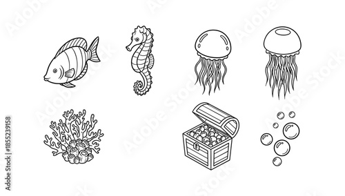 Hand drawn sea creatures with coral and treasure chest in black and white