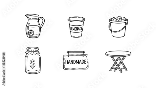 Hand drawn lemonade and handmade icons set in black and white